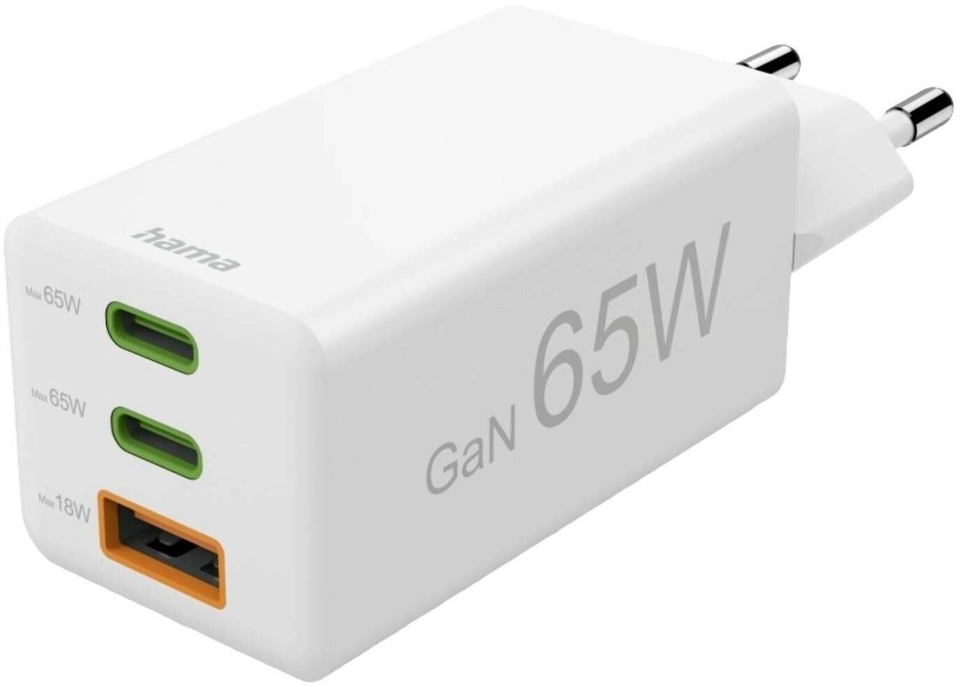 Hama 00201996 Schnellladegerät, 2x USB-C PD, 1x USB-A QC, Mini-Ladegerät, 65W, Weiß Handy-Zubehör